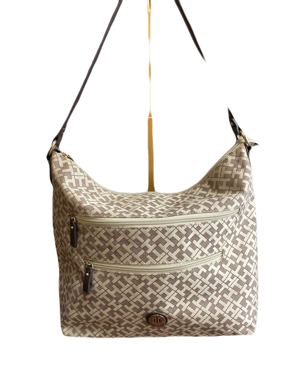 Tommy Hilfiger Monogram Shoulder/Tote Bag | Beige/Tan | Dual Front Zip Pockets